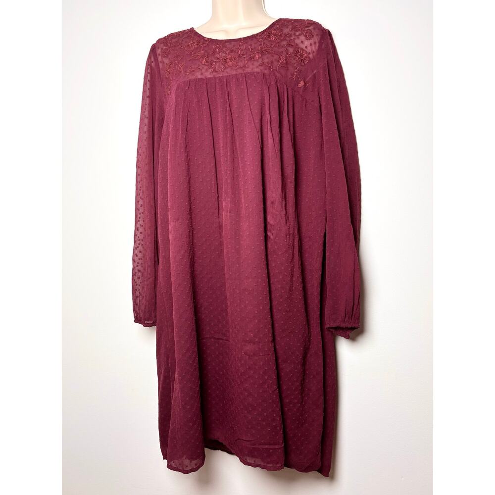 Abercrombie & Fitch Maroon Swiss Dot Dress Lace Panels Balloon Sleeves
